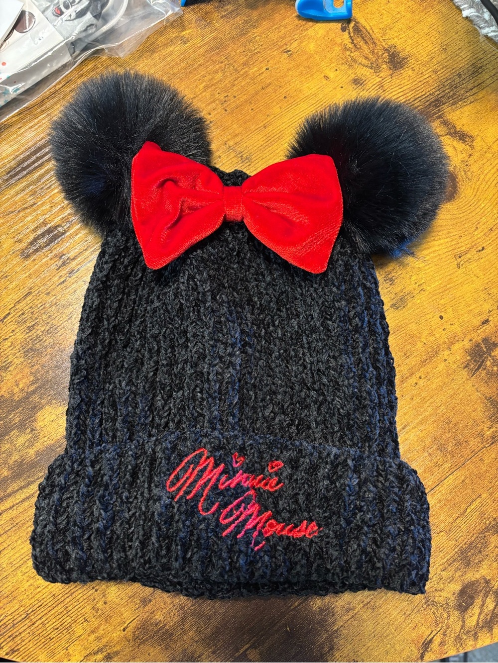 Disney Black Knit Minnie Beanie with Red Bow and Black Pom-Poms